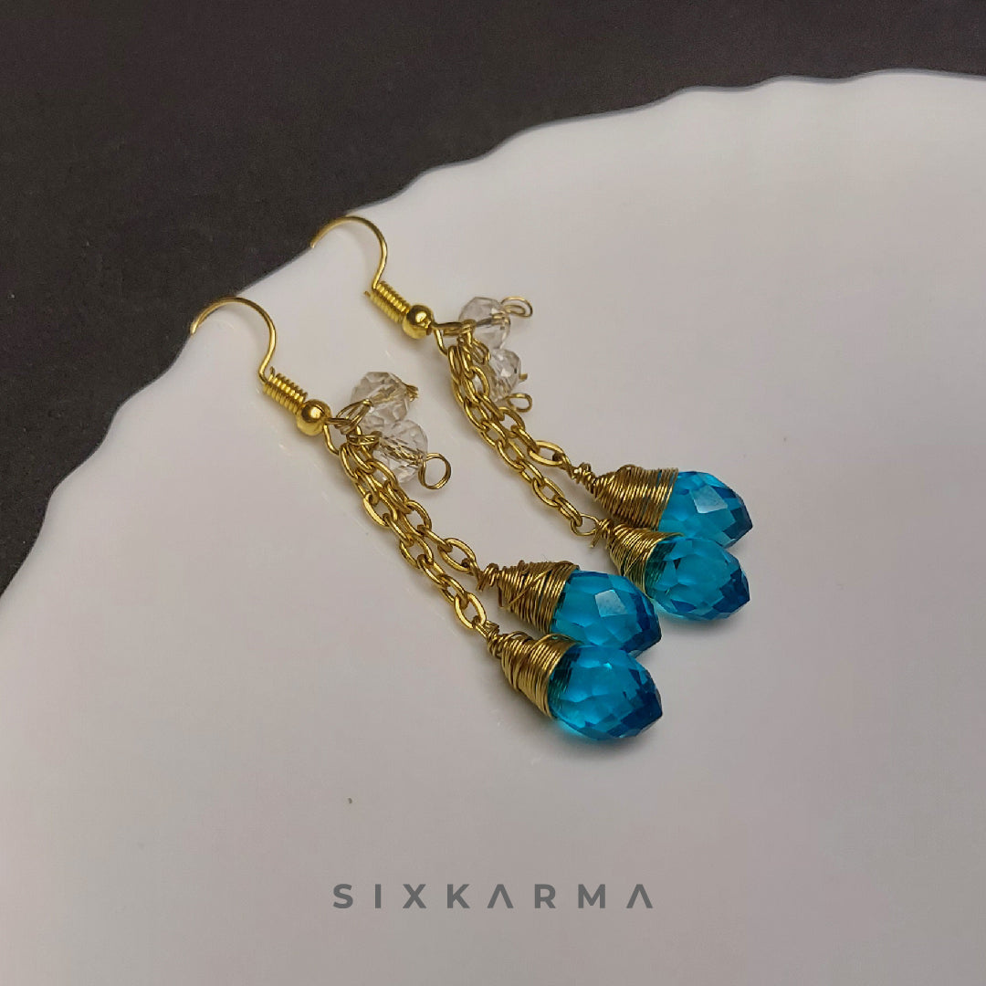 Golden Blue Drop Wire Wrapped Blush Earring | Six Karma | India