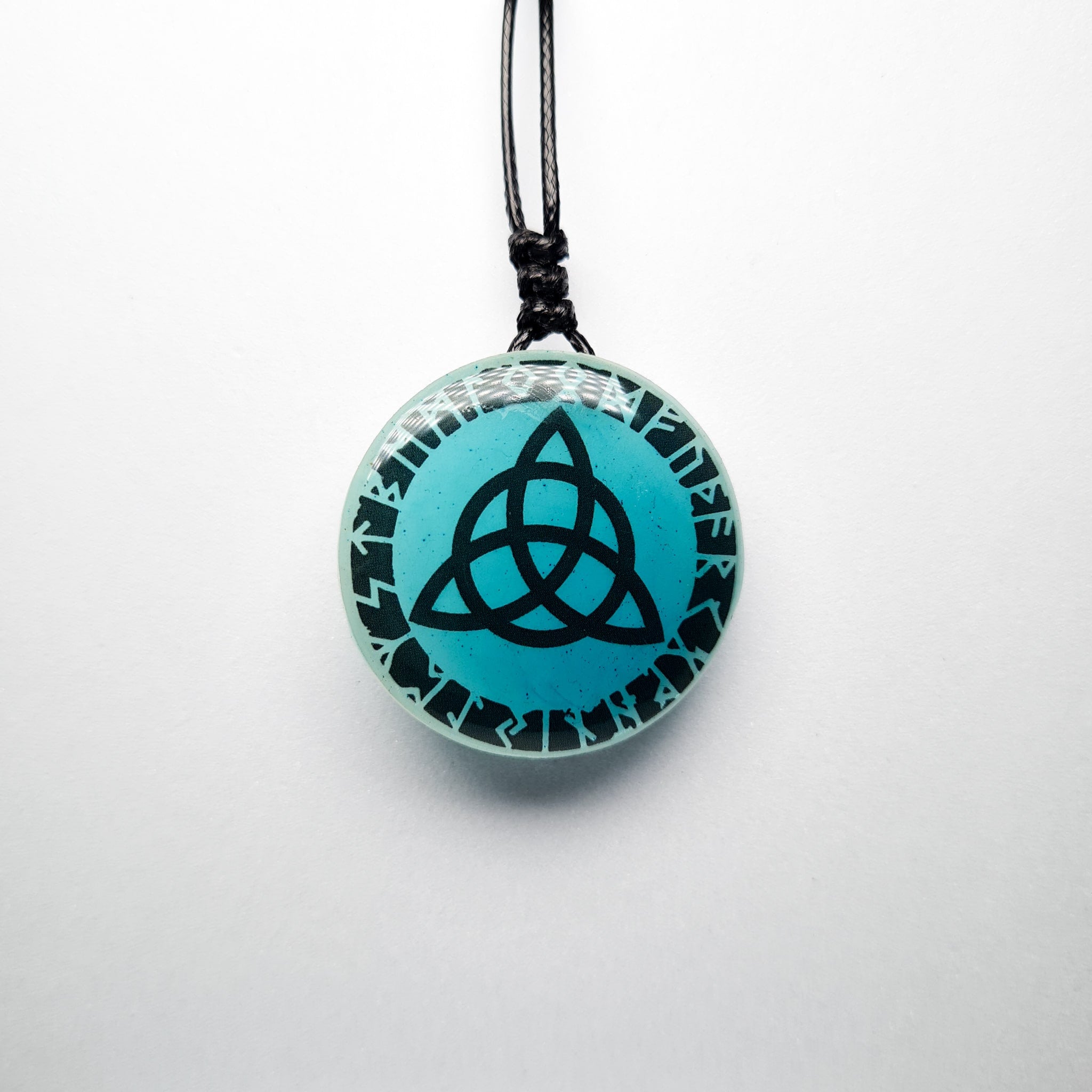 Vikings Inspires Celtic Knot with Runes Blue Glow in Dark Resin Pendant