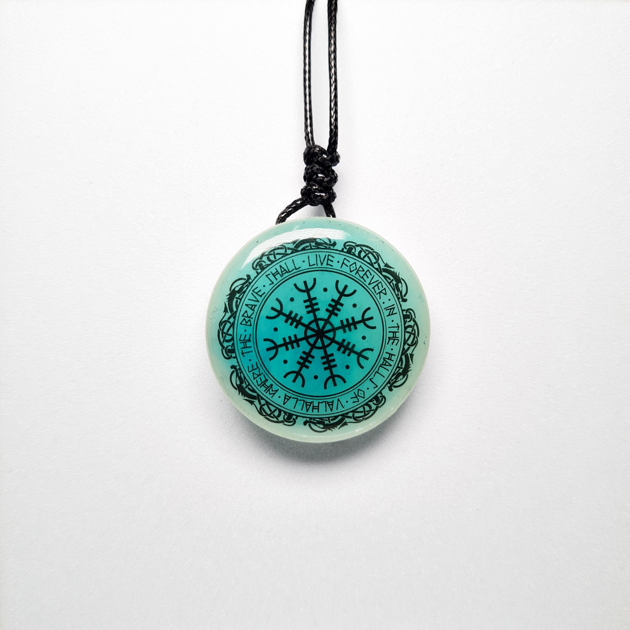 Helm of Awe with Dragon Border Vikings Blue Glow in Dark Resin Handcrafted Pendant