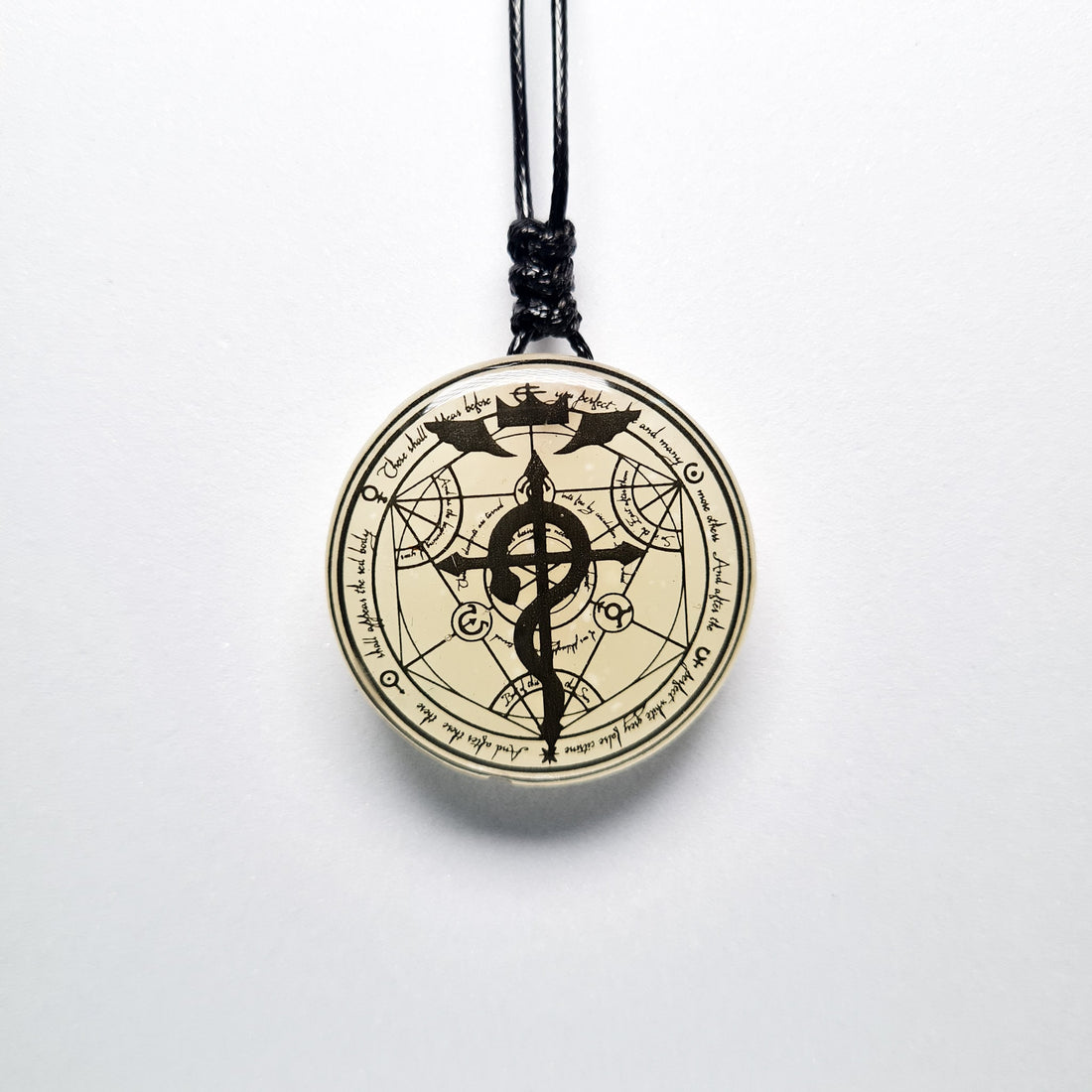 Fullmetal Alchemy Inspired Transmutation Circle with Flamel Green Glow in Dark Resin Pendant