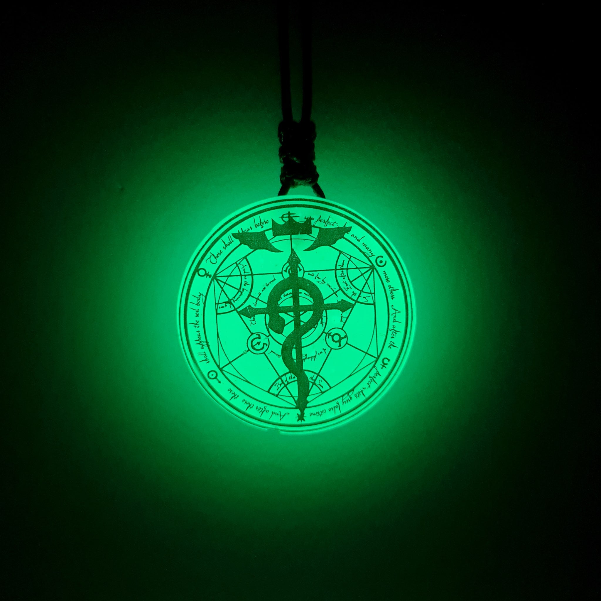 Fullmetal Alchemy Inspired Transmutation Circle with Flamel Green Glow in Dark Resin Pendant