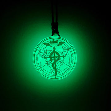 Fullmetal Alchemy Inspired Transmutation Circle with Flamel Green Glow in Dark Resin Pendant