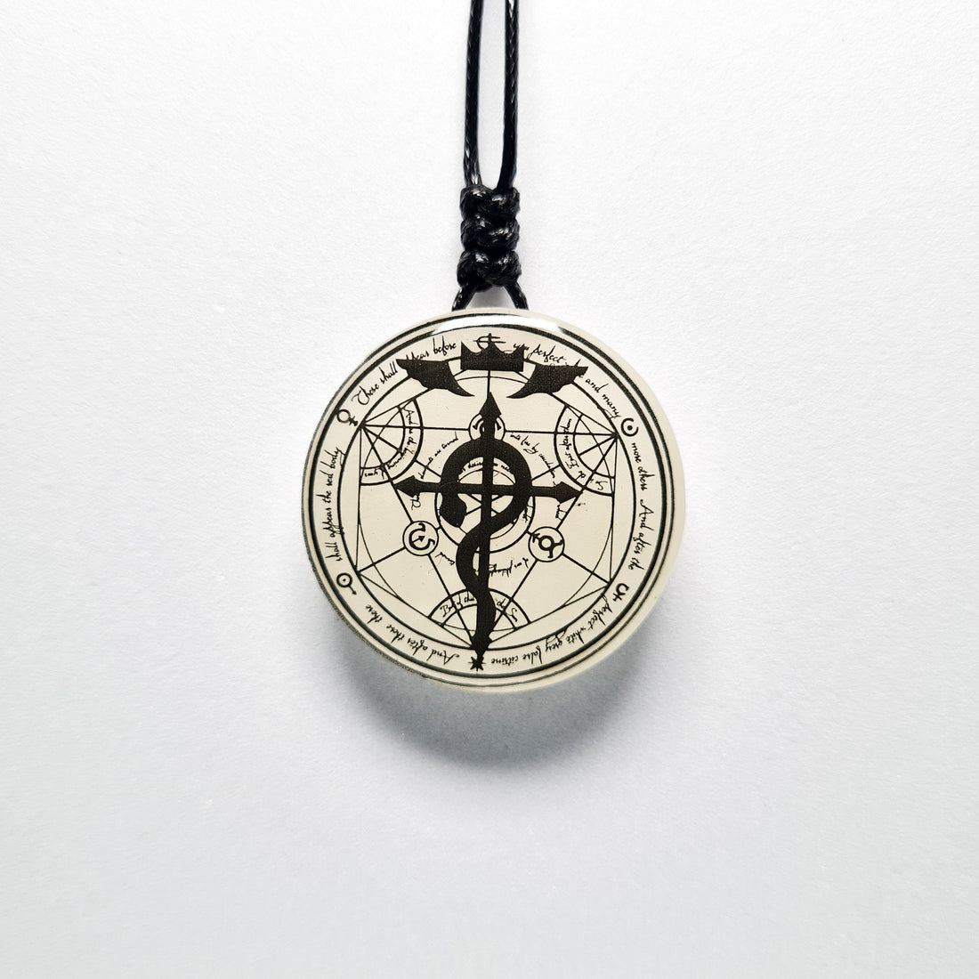 Fullmetal Alchemy Inspired Transmutation Circle with Flamel Blue Glow in Dark Resin Pendant