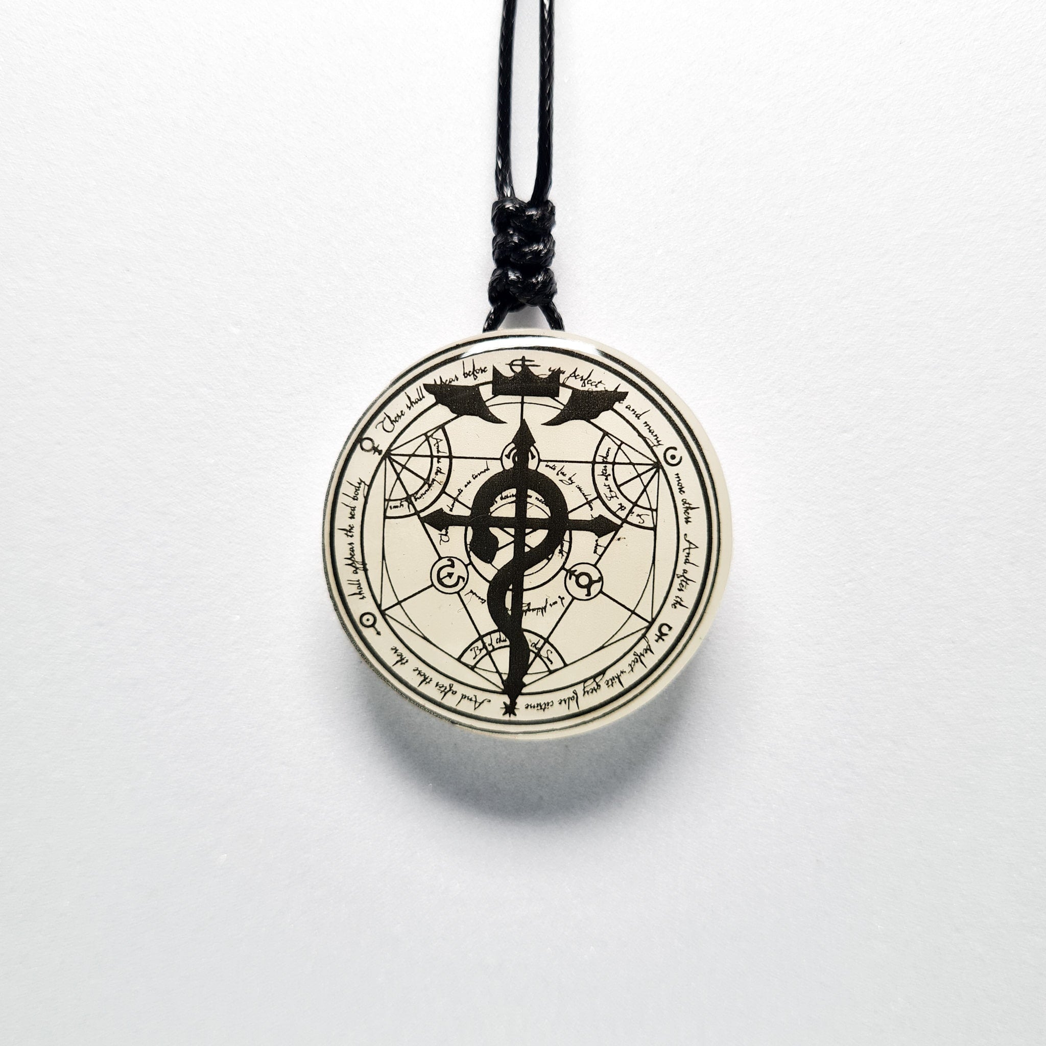 Fullmetal Alchemy Inspired Transmutation Circle with Flamel Blue Glow in Dark Resin Pendant
