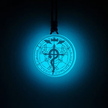 Fullmetal Alchemy Inspired Transmutation Circle with Flamel Blue Glow in Dark Resin Pendant