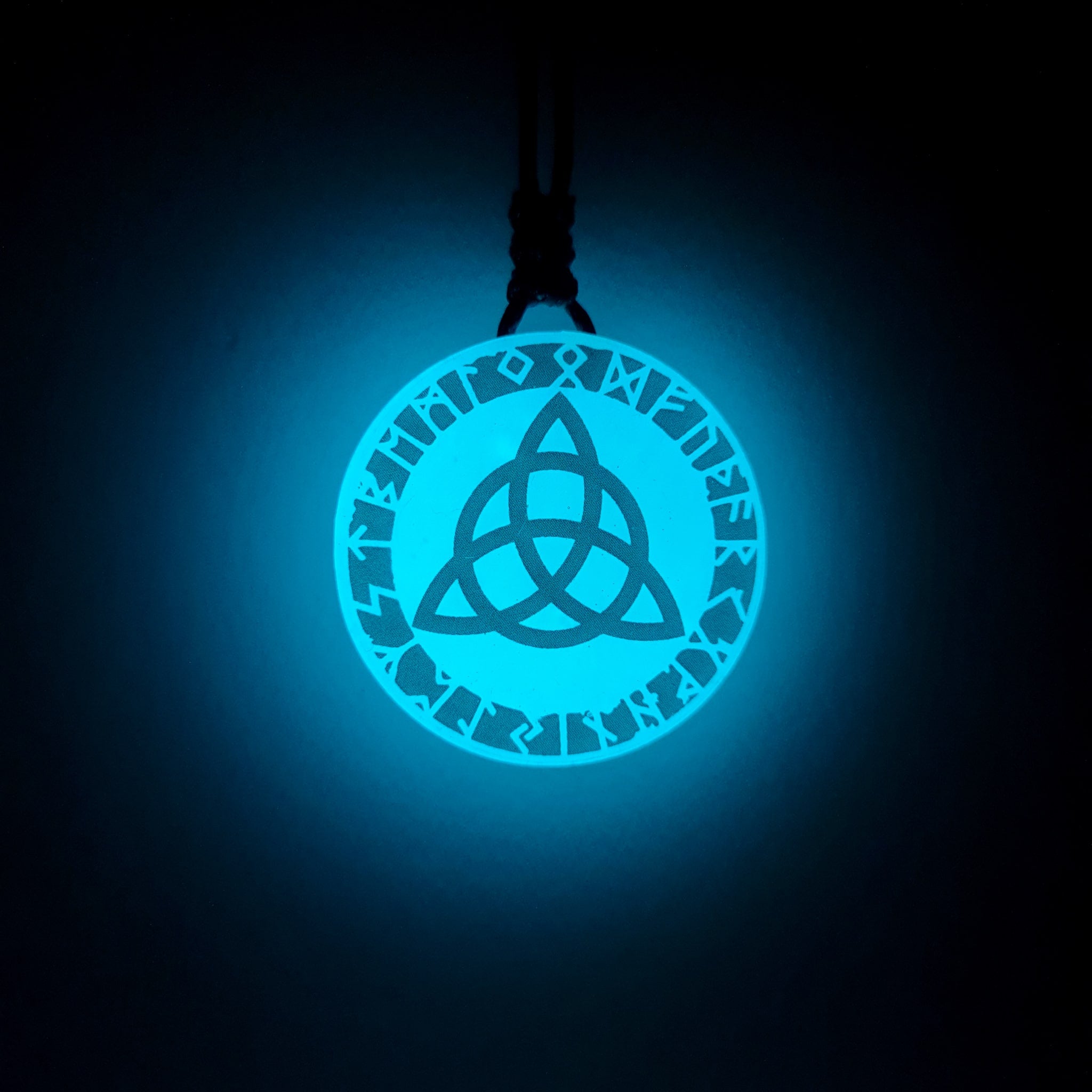 Vikings Inspires Celtic Knot with Runes Blue Glow in Dark Resin Pendant