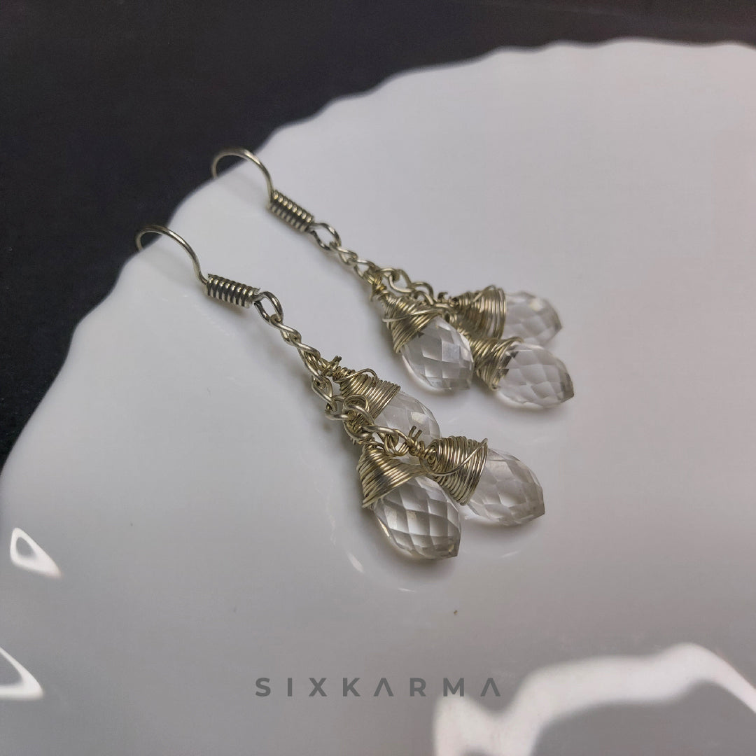 Transperent White Drop Silver Wire Wrapped Blush Earring | Six karma | India