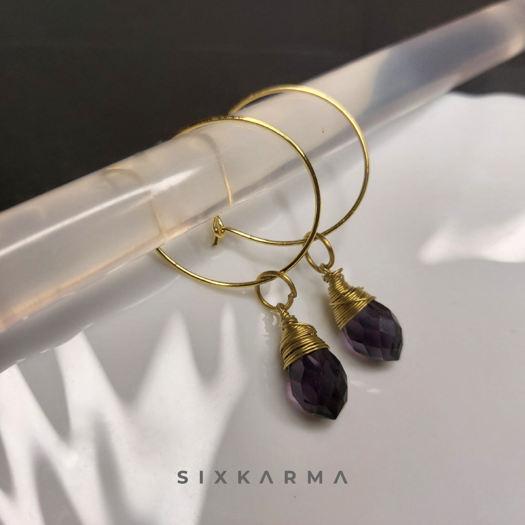 Purple Drop Gold Wire Wrapped Minimal Earring | Six Karma | India