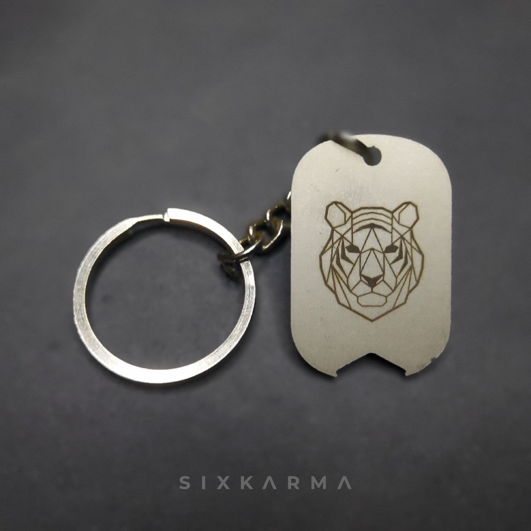 Geometrical Tiger Laser Engraved Stainless Steel Spirit Animal Keychain | Six Karma | India