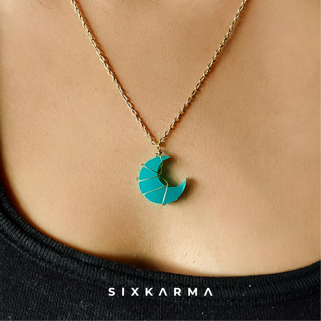 Sky Blue Moon Gold Wire Wrapped Resin Handcrafted Pendant | Six Karma | India