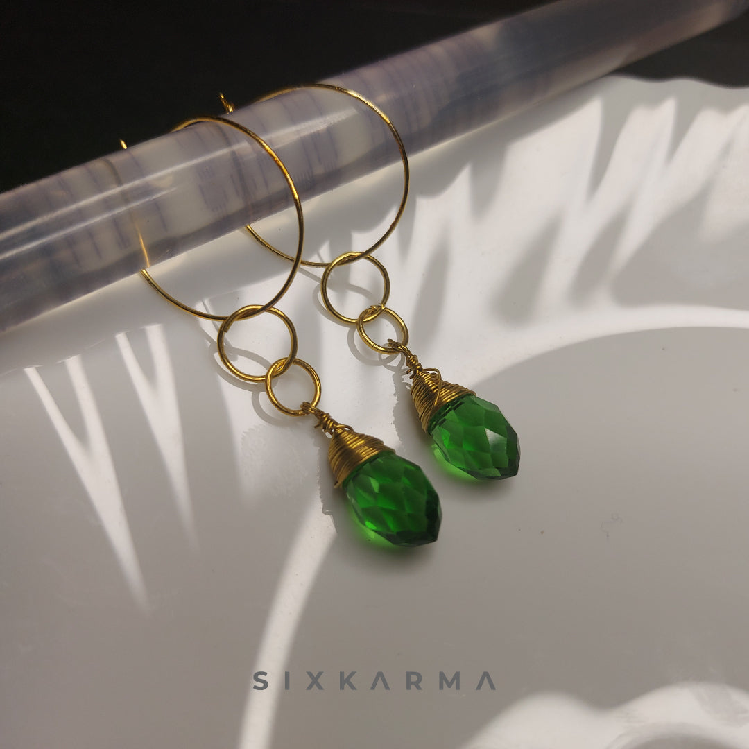 Green Drop Gold Wire Wrapped Minimal Earring | Six Karma | India