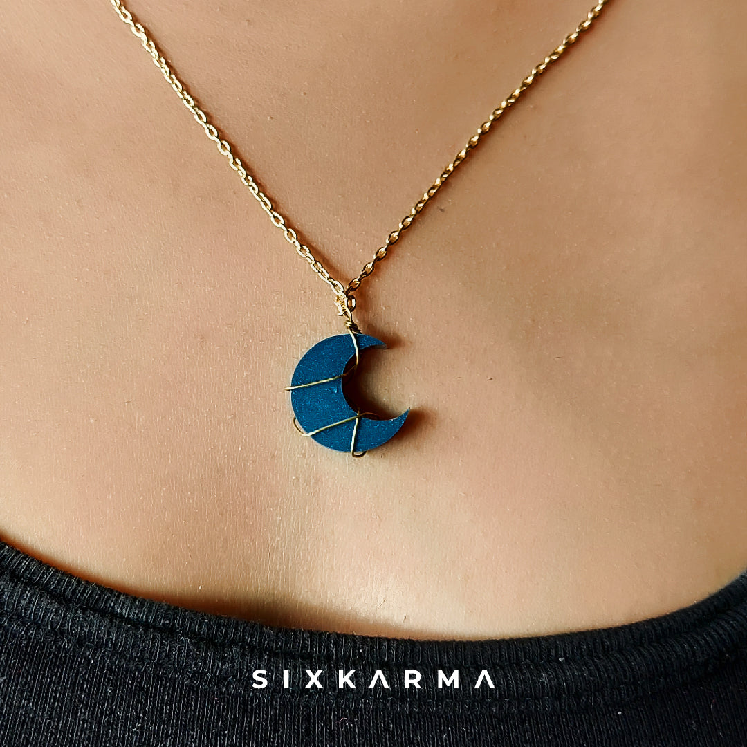 Pearl Blue Moon Gold Wire Wrapped Resin Handcrafted Pendant | Six karma | India